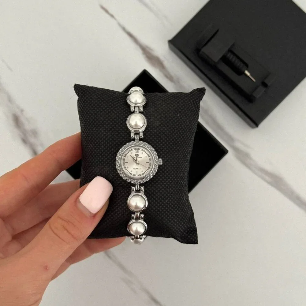 SKU:0121 cute vintage style silver mini watch bracelet with white‎ pearls